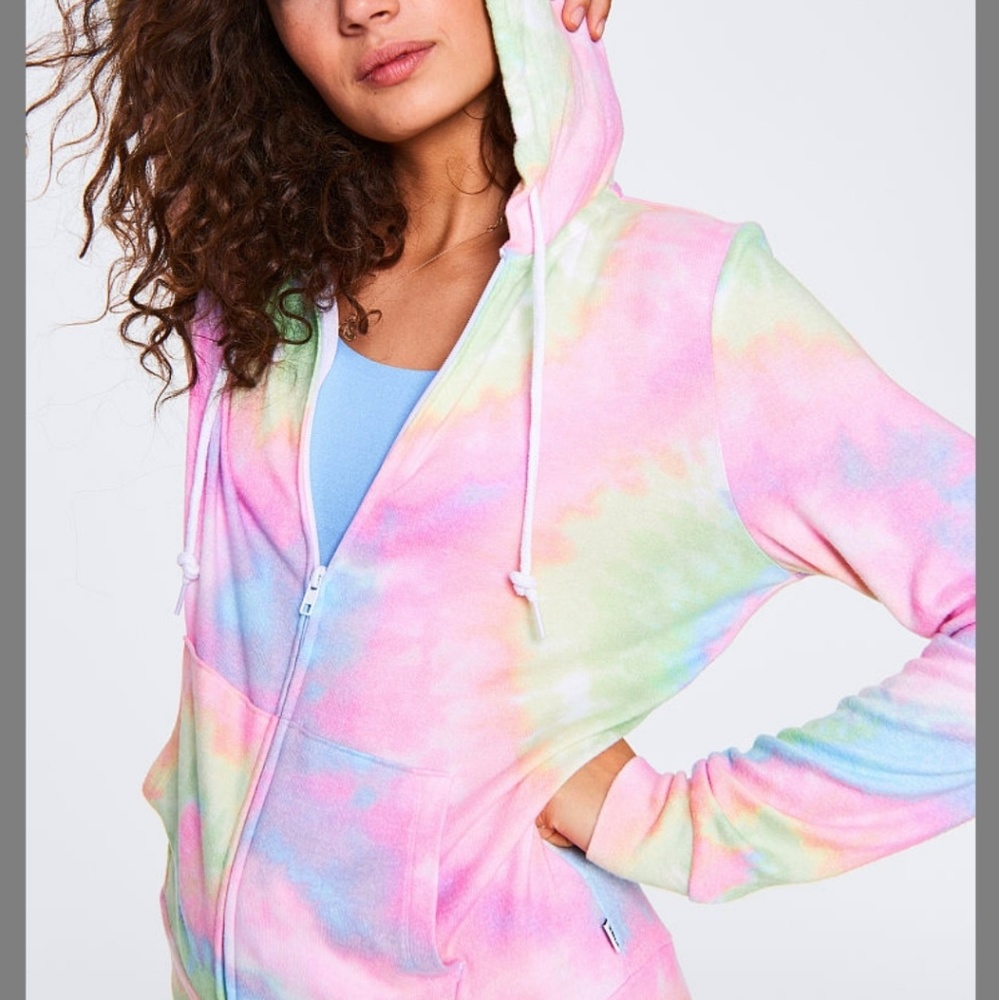 VS PINK cozy full zip hoodie rainbow tie dye